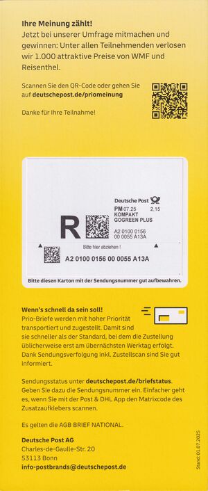 Prio Flyer Kompaktbrief mit Sendungsverfolgung hinten